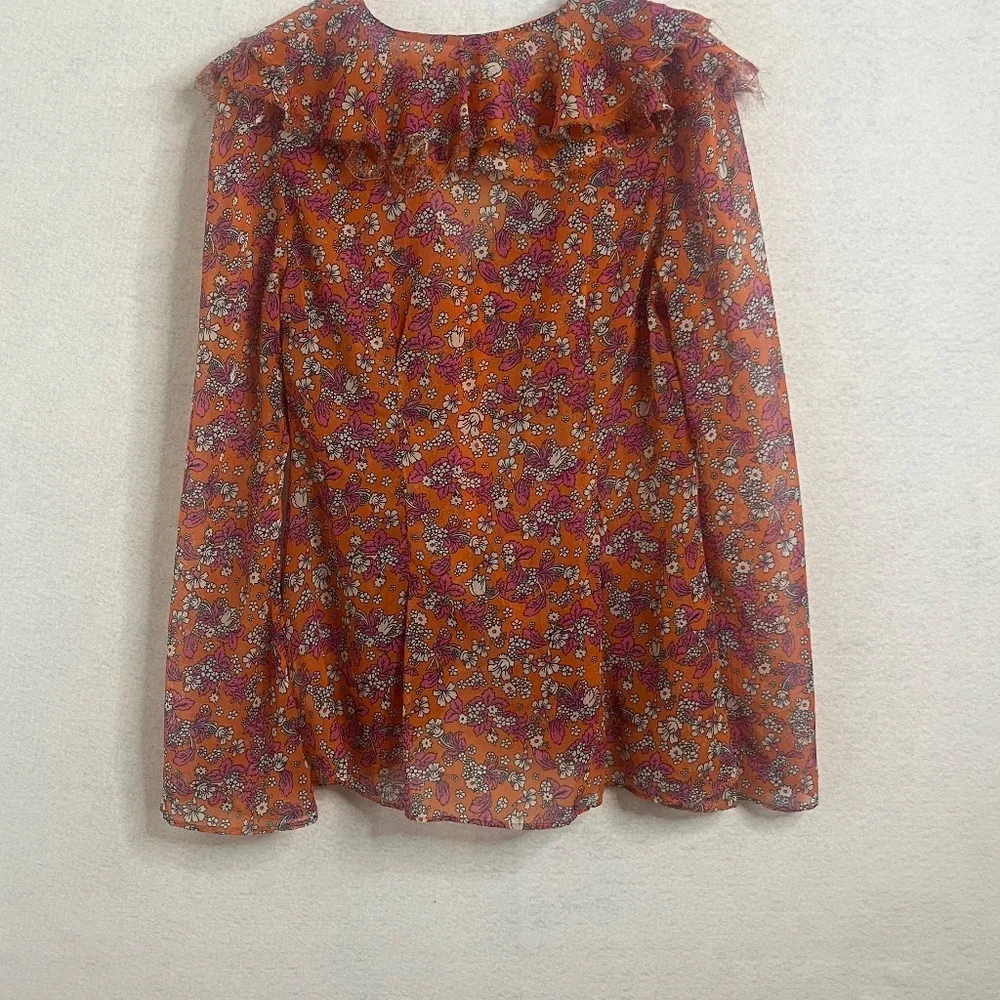Free People Orange Floral Sheer Ruffle Boho Blouse Medium - Picture 2 of 7